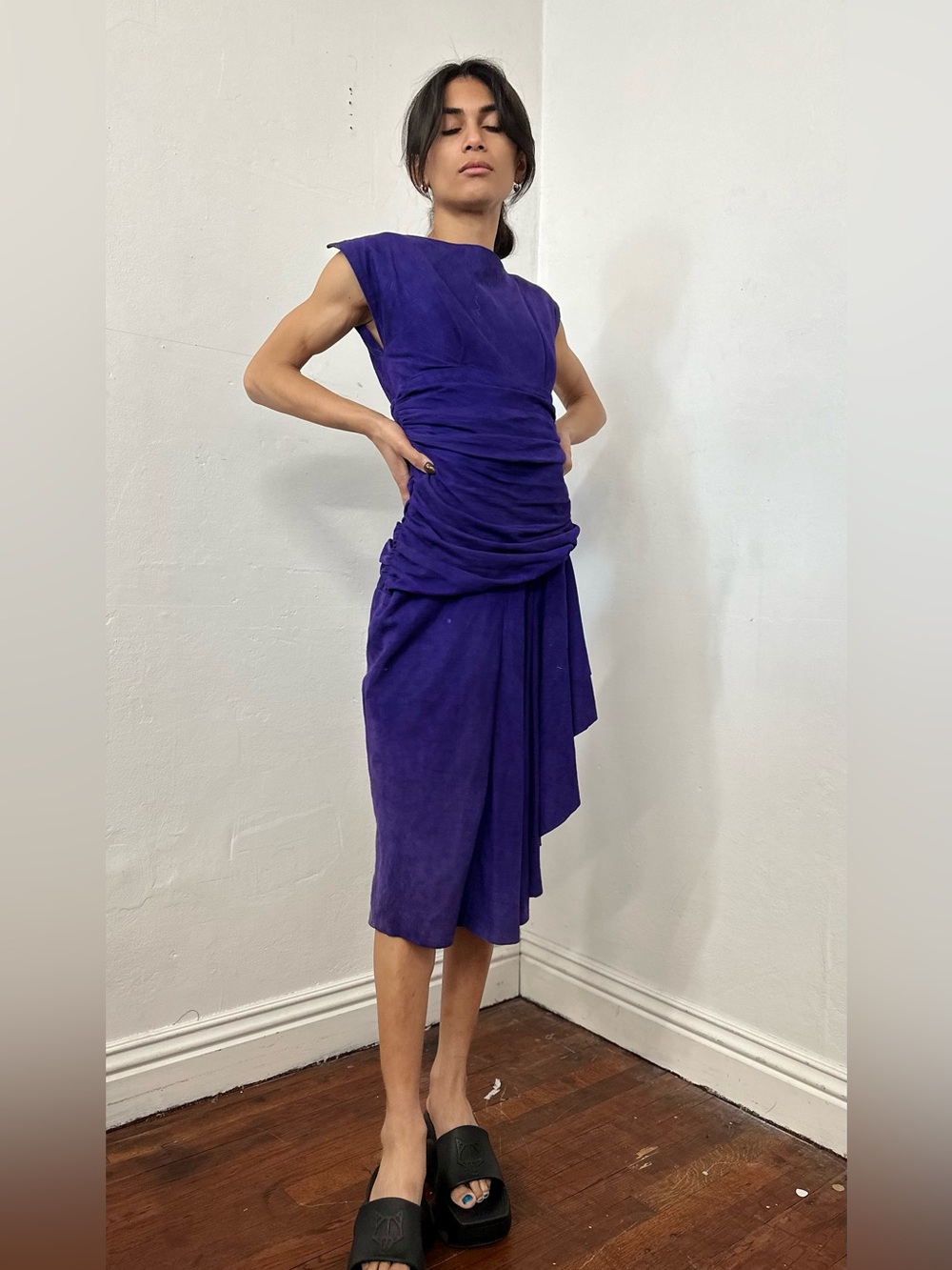 VAKKO soft suede Elegant Purple Draped vintage Midi Dress